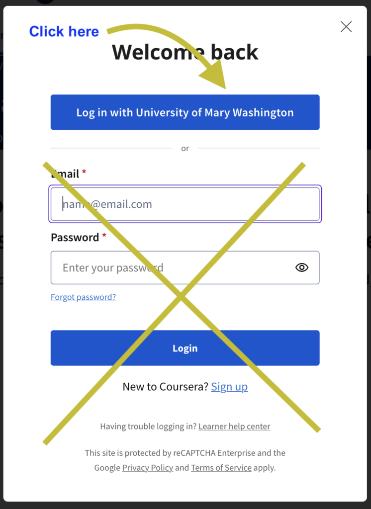 Image showing the Coursera login with "Log in with University of Mary Washington" button that users should click to log in.